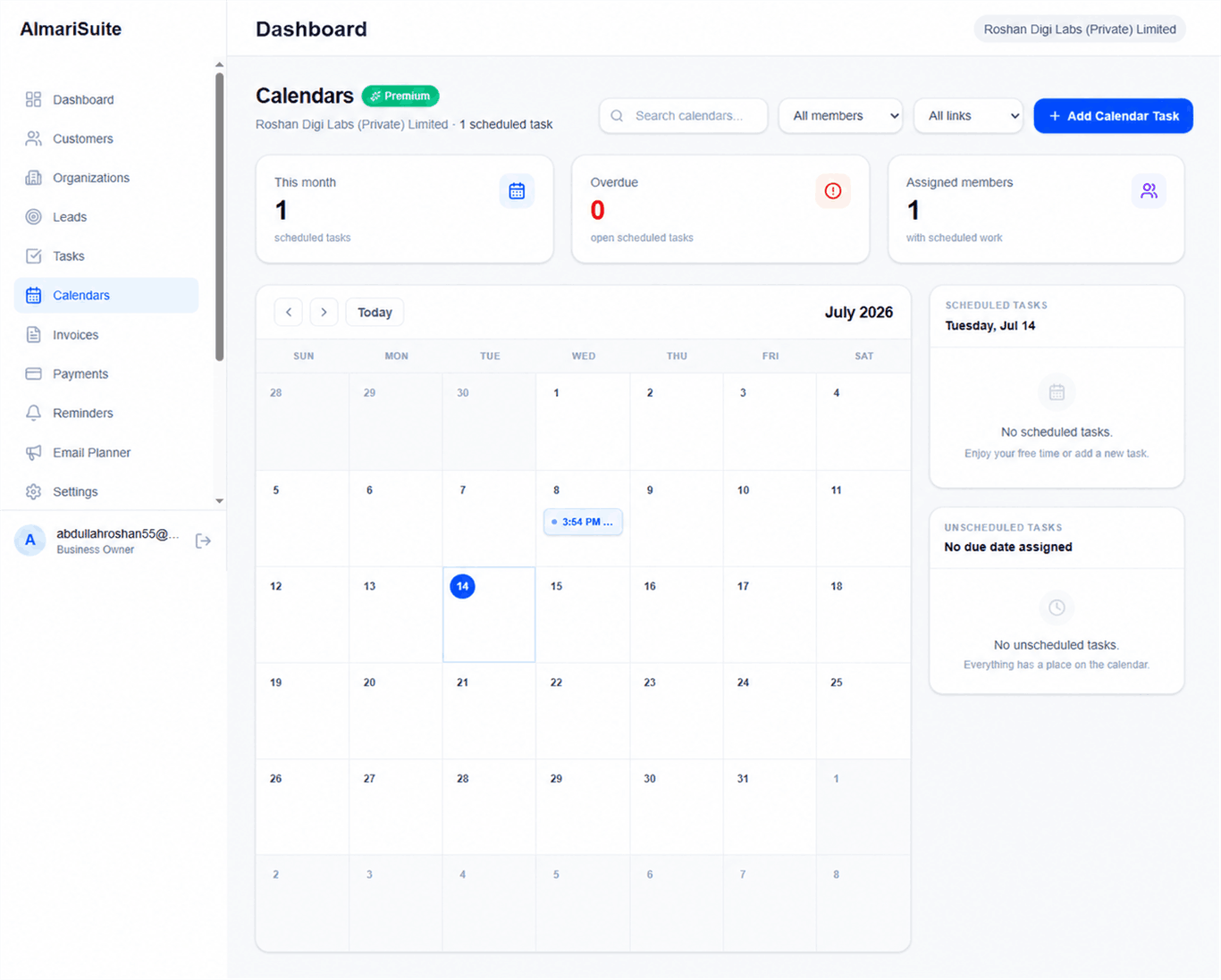 AlmariSuite Calendars showing a monthly task calendar, scheduled work, overdue totals, and unscheduled tasks