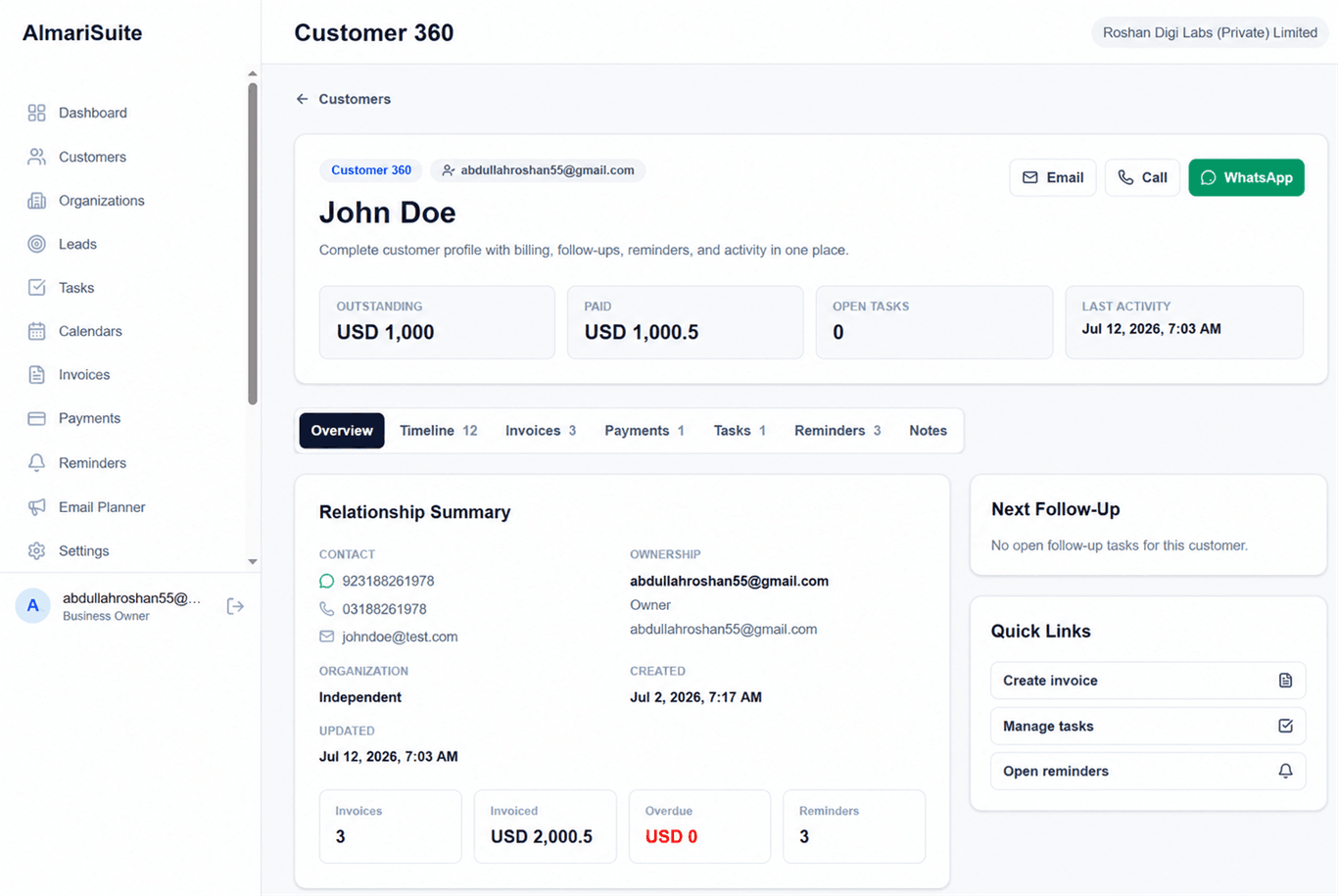AlmariSuite Customer 360 profile showing overview, timeline, invoices, payments, tasks, reminders, and notes
