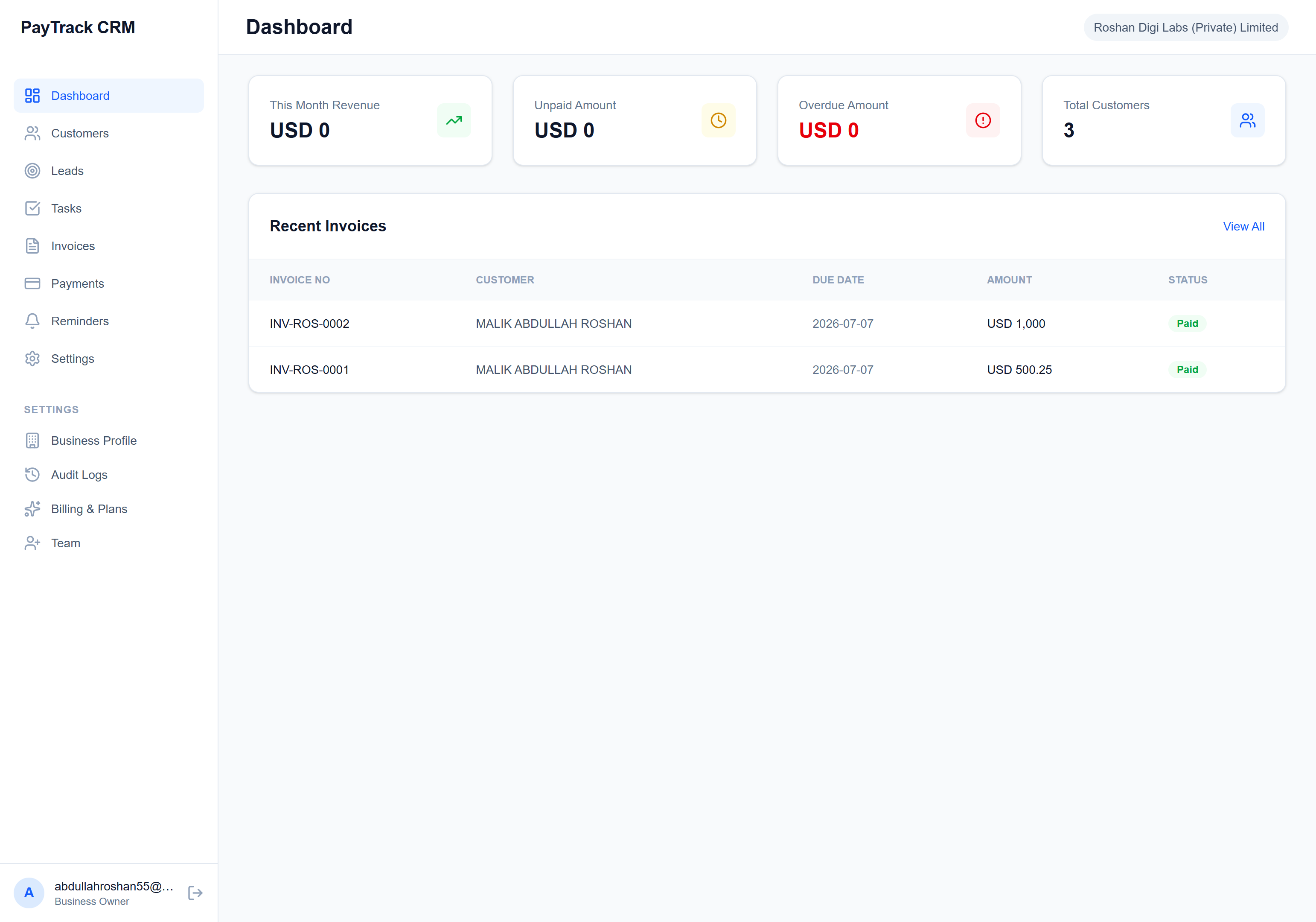 PayTrack dashboard with CRM and payment tracking metrics